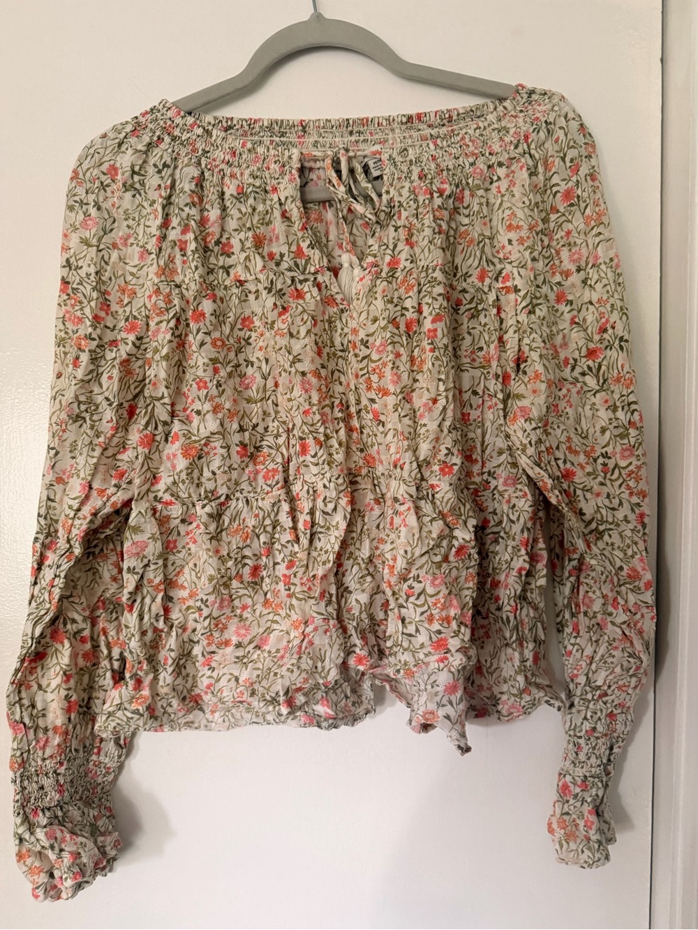 American Eagle Outfitters Cream Floral Off-Shoulder Blouse with Pink & Green